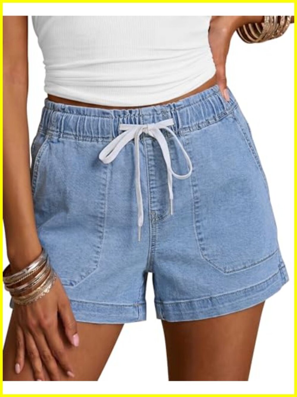 High Waisted Pull On Jean Shorts with Drawstring and Pockets
